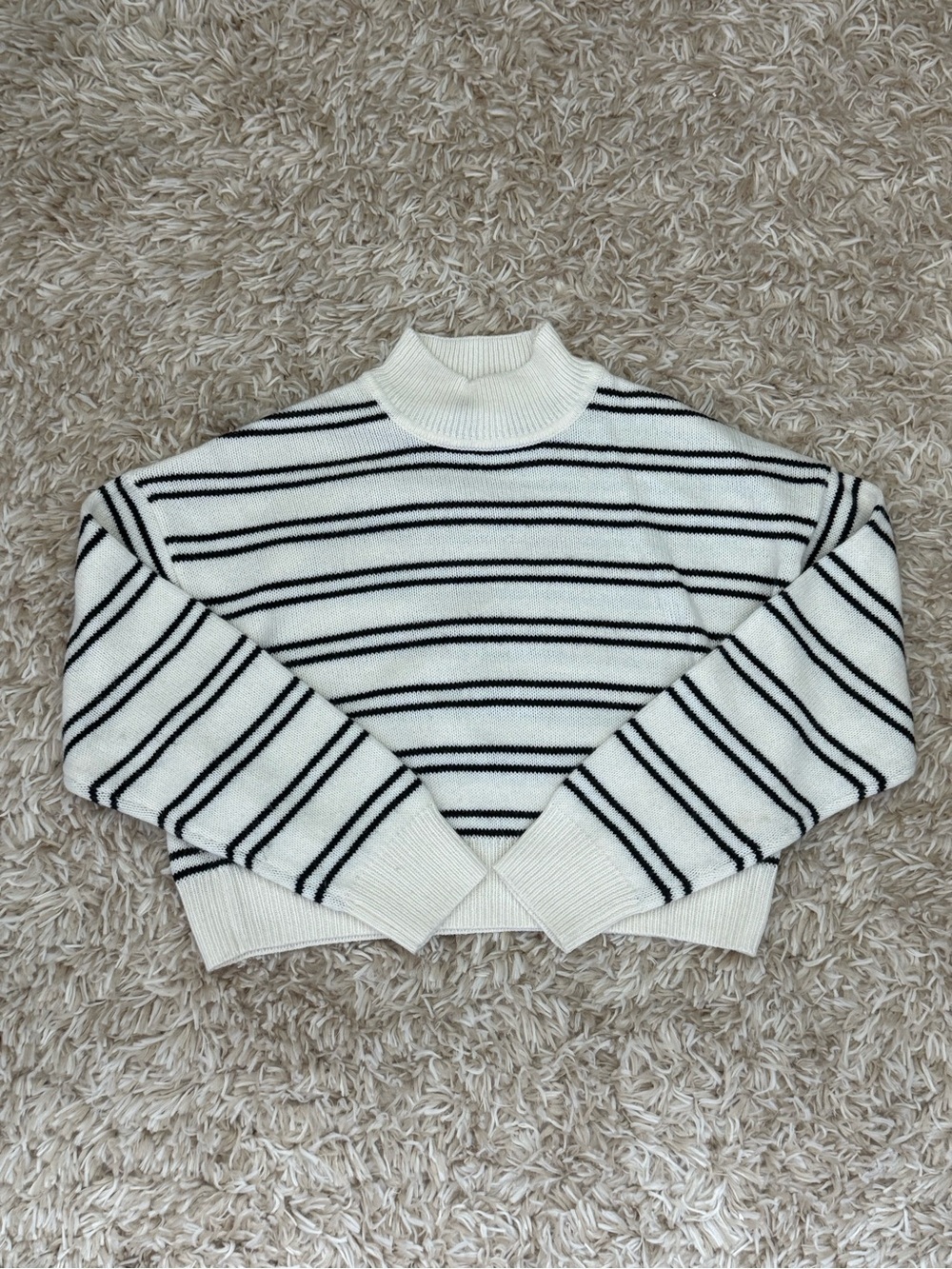 H&M White & Black Striped Mock Neck Sweater